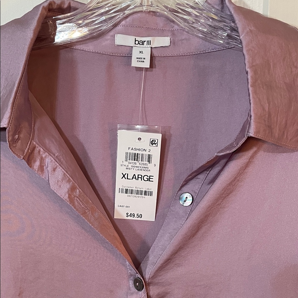 NWT Bar III Dusty Lavender Satin Button-Front Shirt